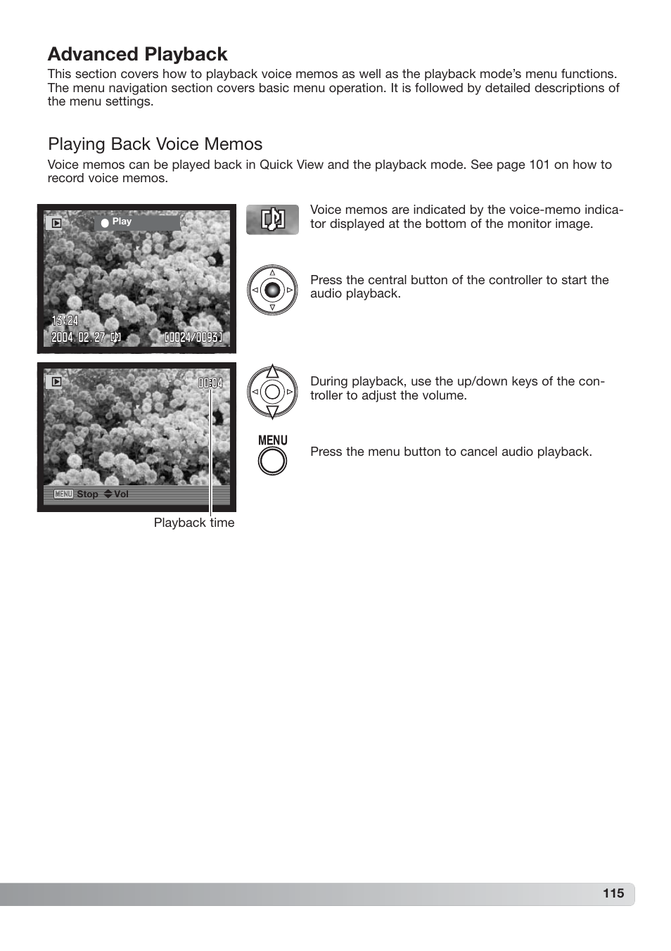 Advanced playback, Playing back voice memos | Konica Minolta DiMAGE_A2 User Manual | Page 115 / 180