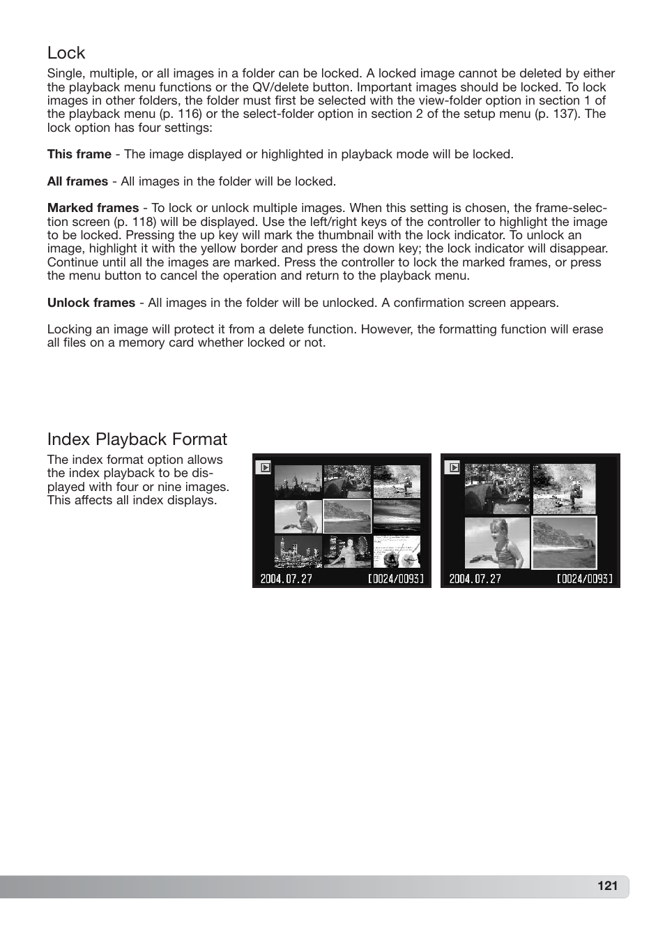 Lock, Index playback format, Index playback format lock | Konica Minolta DiMAGE_A2 User Manual | Page 121 / 180