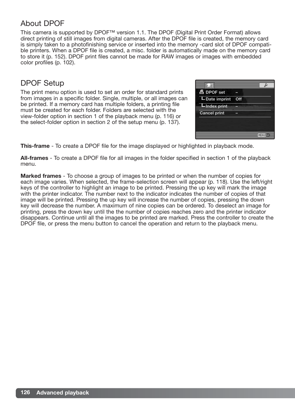 About dpof dpof setup, About dpof, Dpof setup | Konica Minolta DiMAGE_A2 User Manual | Page 126 / 180