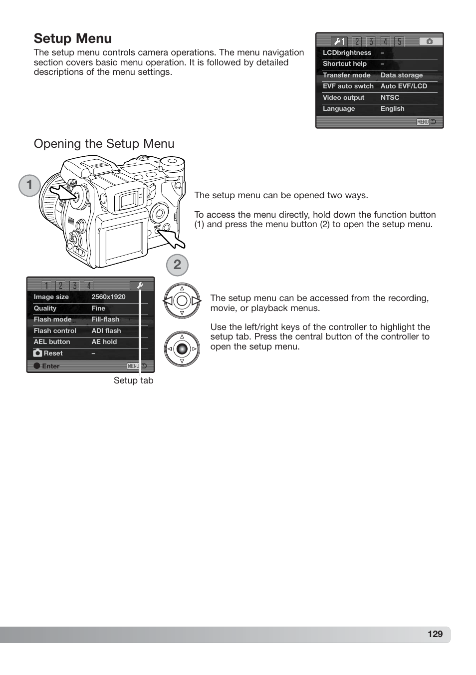 Setup menu, Opening the setup menu | Konica Minolta DiMAGE_A2 User Manual | Page 129 / 180