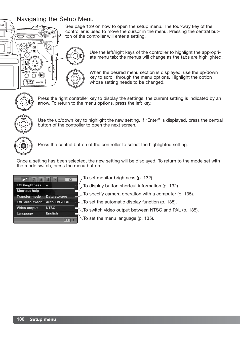 Navigating the setup menu | Konica Minolta DiMAGE_A2 User Manual | Page 130 / 180