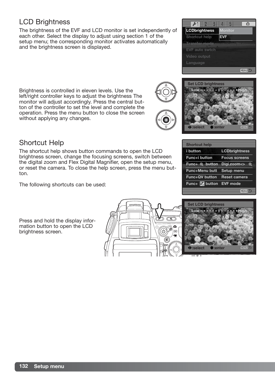 Lcd brightness shortcut help, Lcd brightness, Shortcut help | 132 setup menu | Konica Minolta DiMAGE_A2 User Manual | Page 132 / 180