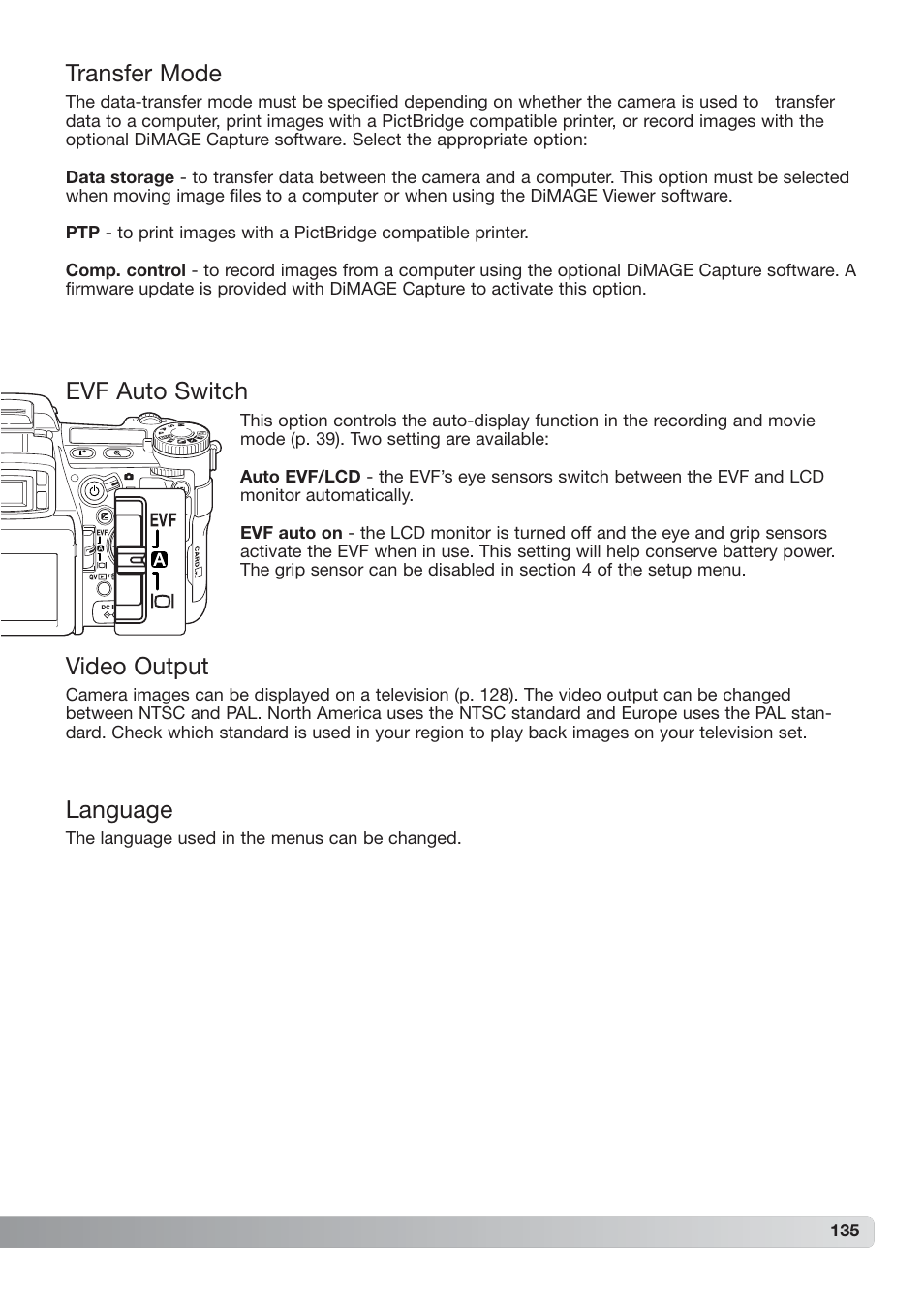 Transfer mode, Evf auto switch, Language | Video output | Konica Minolta DiMAGE_A2 User Manual | Page 135 / 180