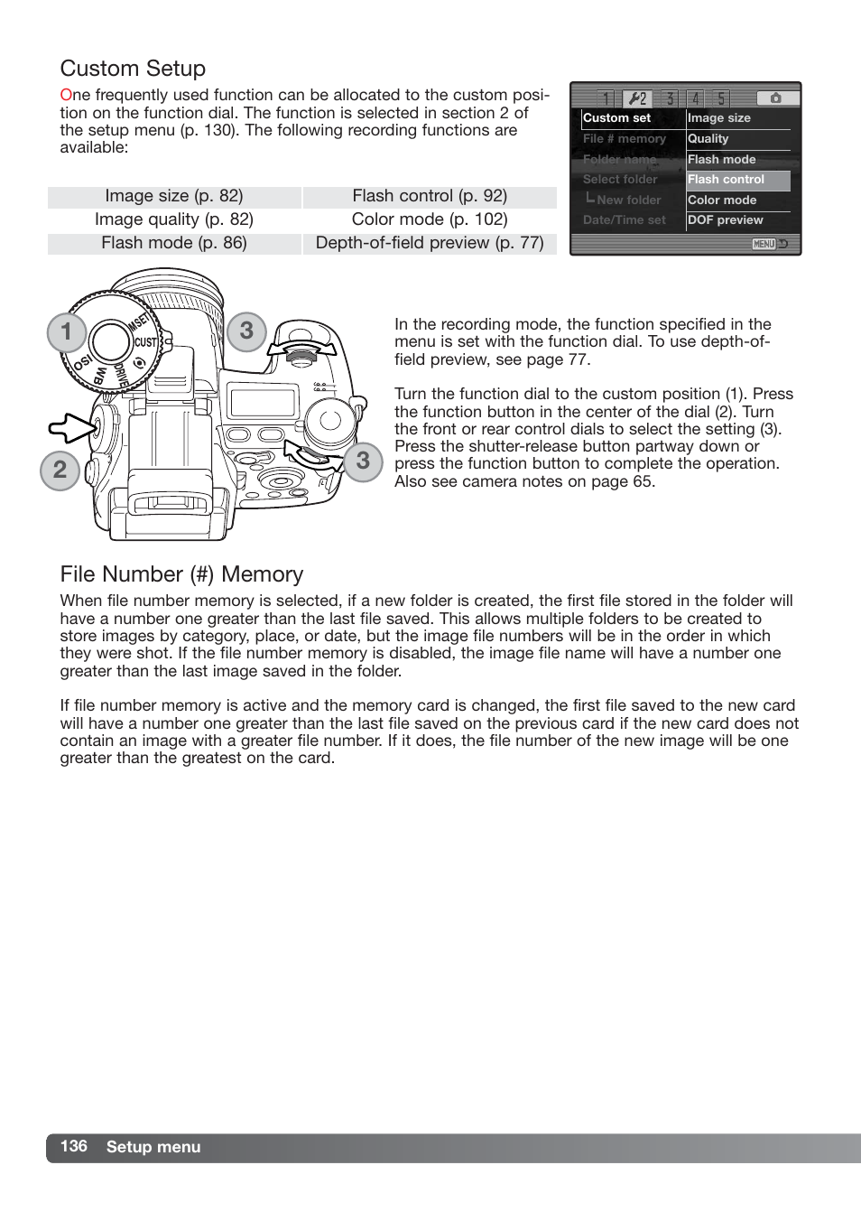Custom setup file number memory, Custom setup | Konica Minolta DiMAGE_A2 User Manual | Page 136 / 180