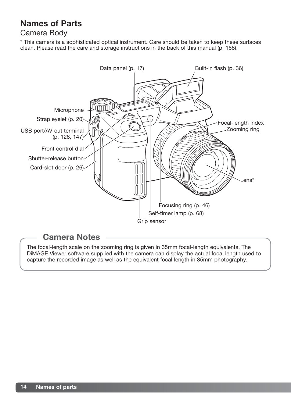 Names of parts, Camera body | Konica Minolta DiMAGE_A2 User Manual | Page 14 / 180