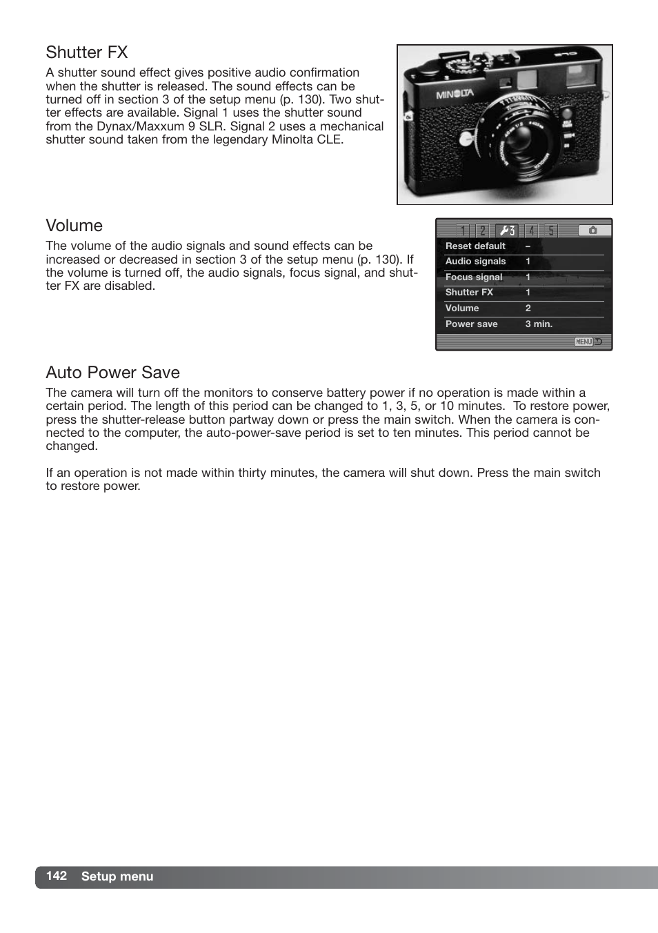 Shutter fx volume auto power save, Auto power save, Shutter fx volume | Konica Minolta DiMAGE_A2 User Manual | Page 142 / 180