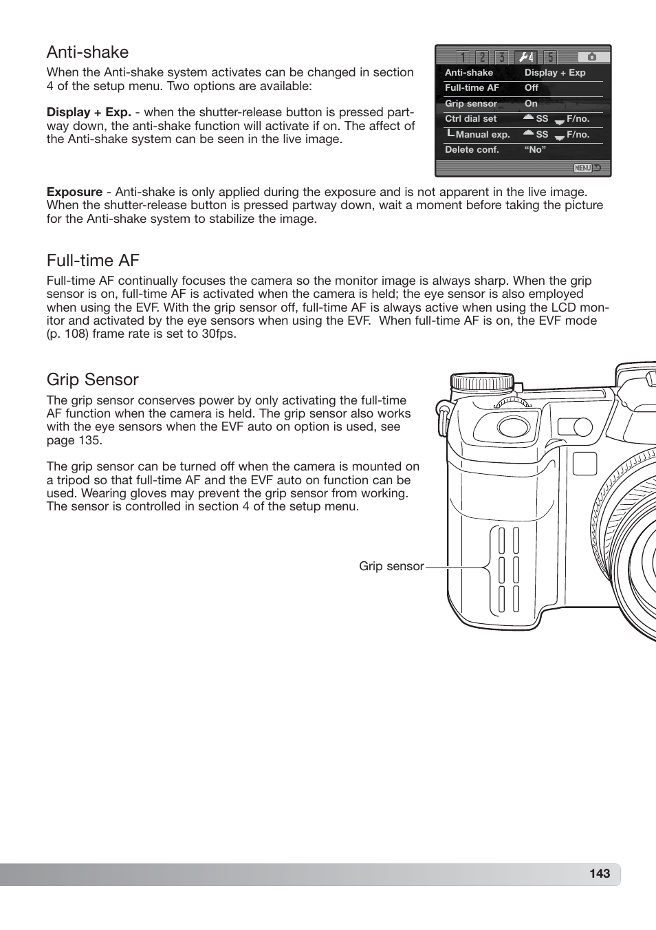Anti-shake full-time af grip sensor, Anti-shake, Full-time af | Grip sensor | Konica Minolta DiMAGE_A2 User Manual | Page 143 / 180
