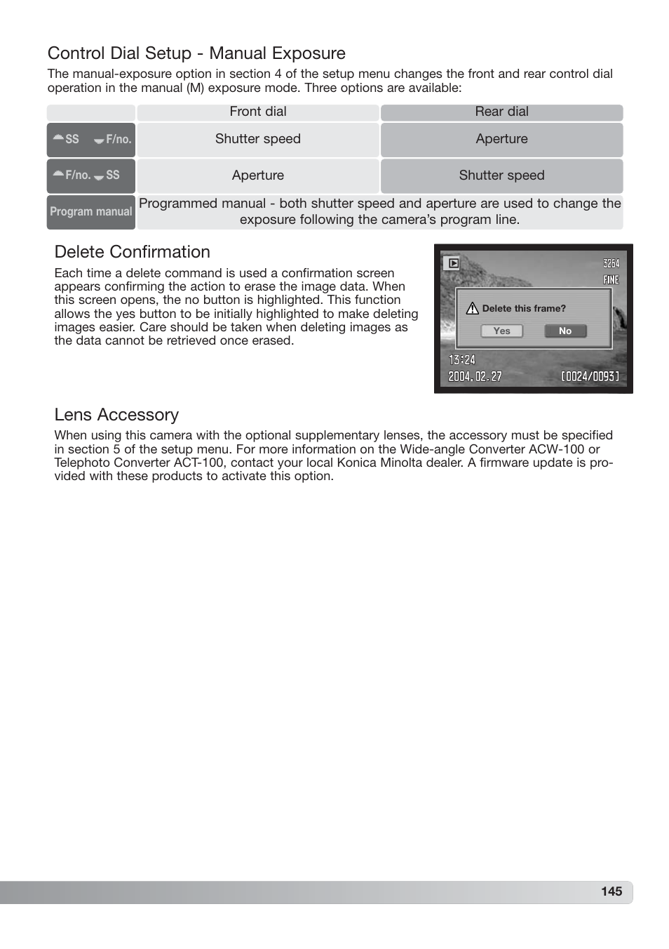 Delete confirmation, Control dial setup - manual exposure, Lens accessory | Konica Minolta DiMAGE_A2 User Manual | Page 145 / 180