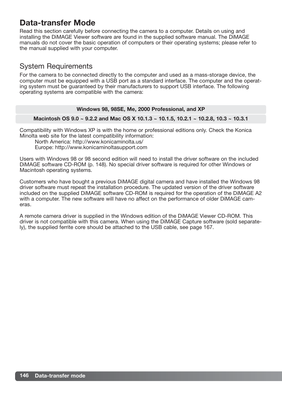 Data-transfer mode, System requirements | Konica Minolta DiMAGE_A2 User Manual | Page 146 / 180