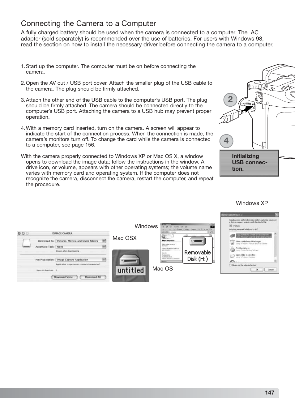 Connecting the camera to a computer | Konica Minolta DiMAGE_A2 User Manual | Page 147 / 180