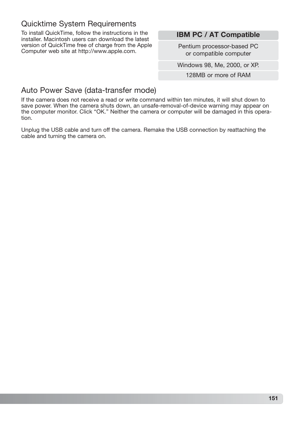 Auto power save (data-transfer mode), Quicktime system requirements | Konica Minolta DiMAGE_A2 User Manual | Page 151 / 180