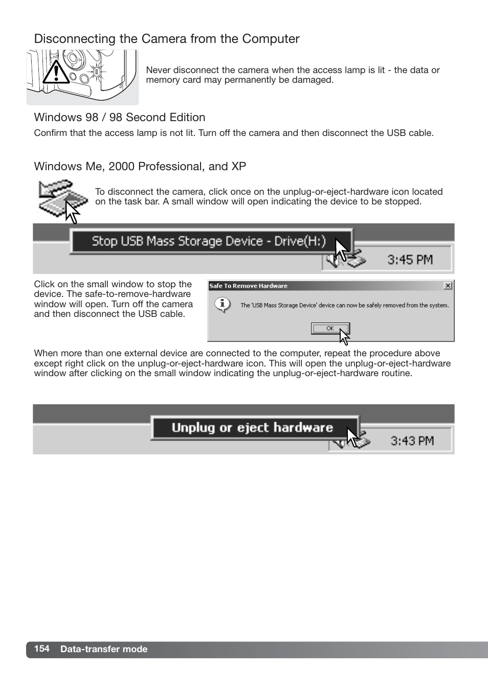Disconnecting the camera from the computer | Konica Minolta DiMAGE_A2 User Manual | Page 154 / 180