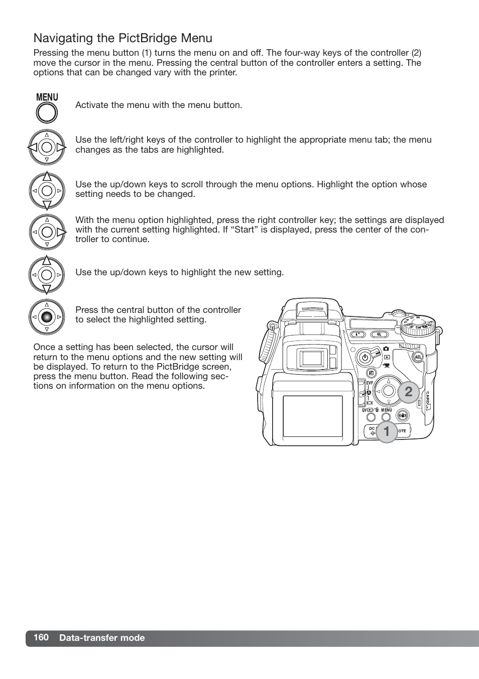 Navigating the pictbridge menu | Konica Minolta DiMAGE_A2 User Manual | Page 160 / 180