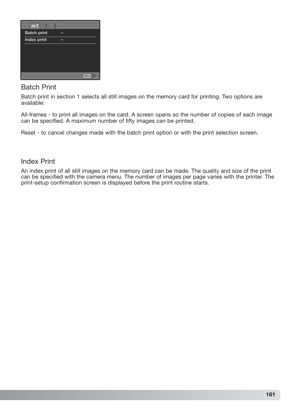 Batch print, Index print | Konica Minolta DiMAGE_A2 User Manual | Page 161 / 180
