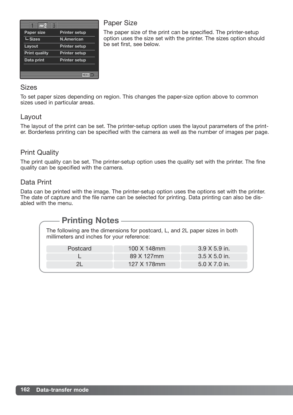 Paper size, Sizes, Print quality | Data print, Layout | Konica Minolta DiMAGE_A2 User Manual | Page 162 / 180