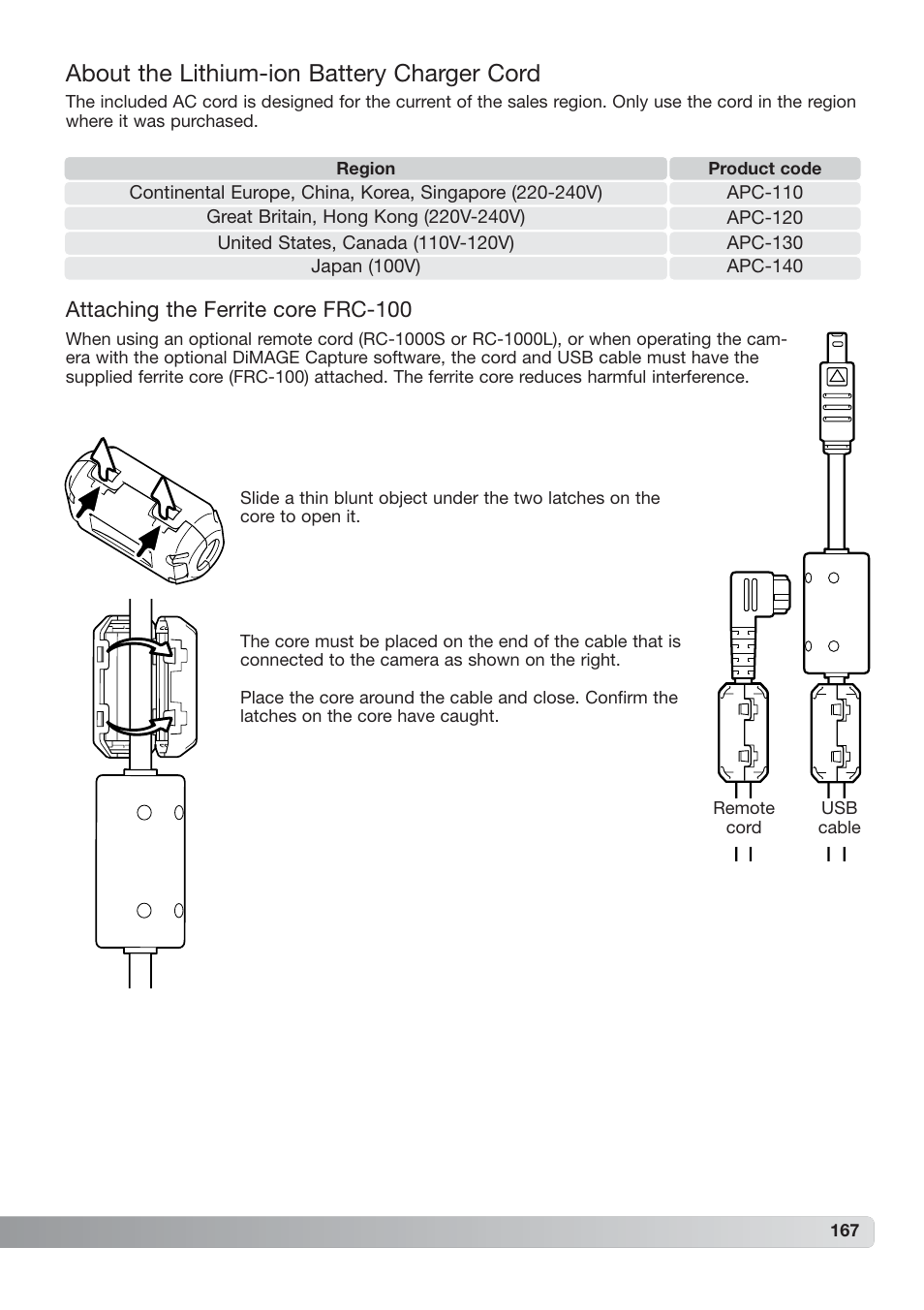 About the lithium-ion battery charger cord | Konica Minolta DiMAGE_A2 User Manual | Page 167 / 180