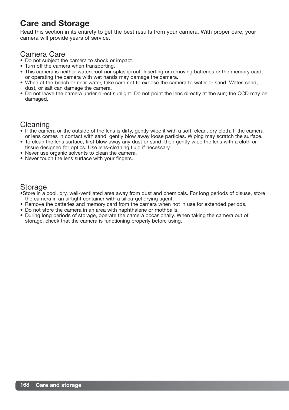 Care and storage, Camera care cleaning storage, Cleaning | Camera care, Storage | Konica Minolta DiMAGE_A2 User Manual | Page 168 / 180