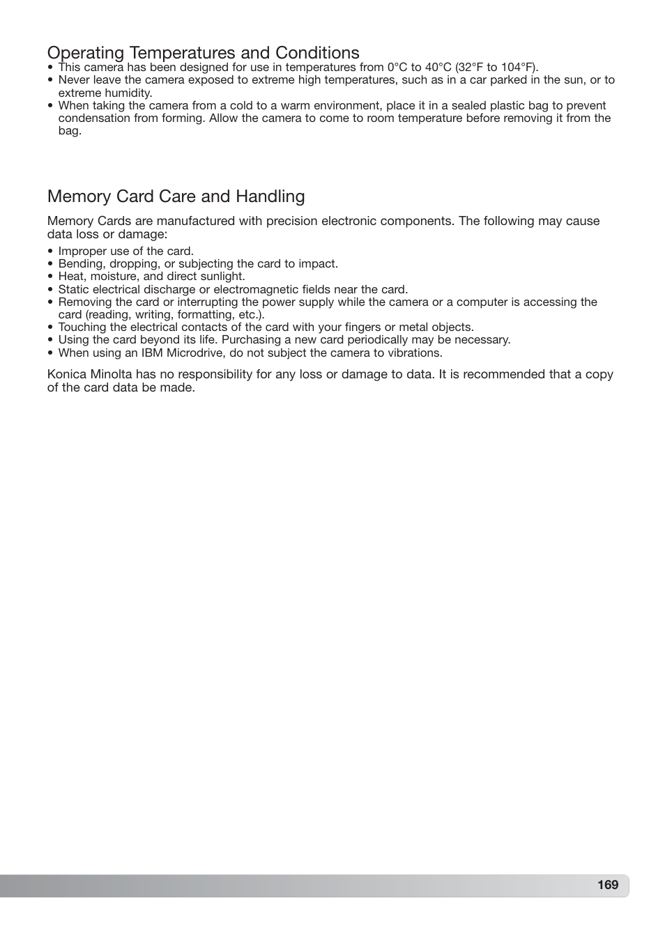 Operating temperatures and conditions | Konica Minolta DiMAGE_A2 User Manual | Page 169 / 180