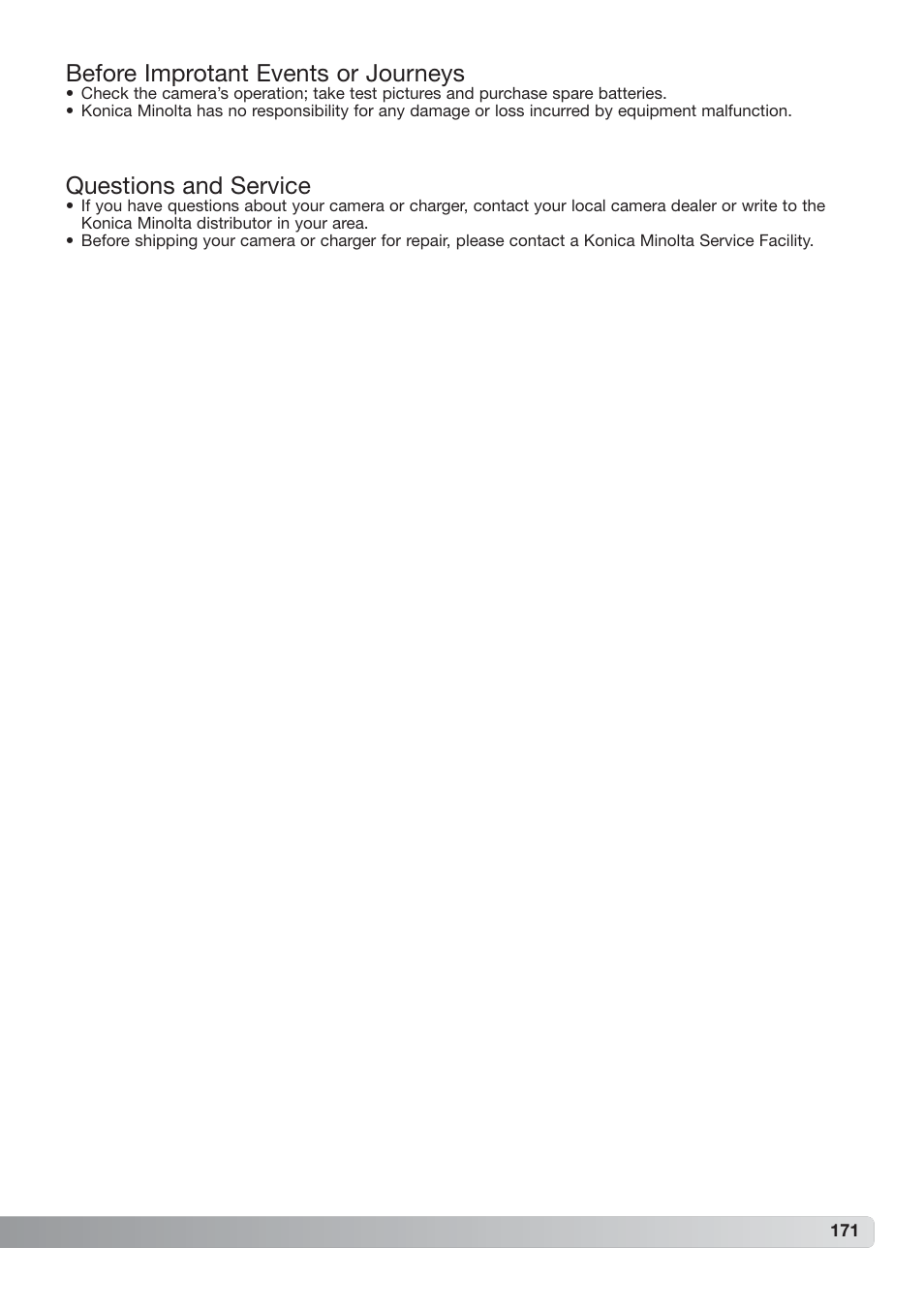 Before improtant events or journeys, Questions and service | Konica Minolta DiMAGE_A2 User Manual | Page 171 / 180