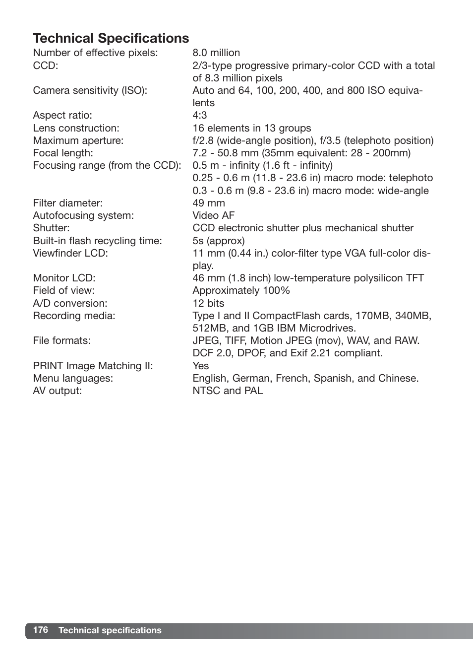 Technical specifications | Konica Minolta DiMAGE_A2 User Manual | Page 176 / 180
