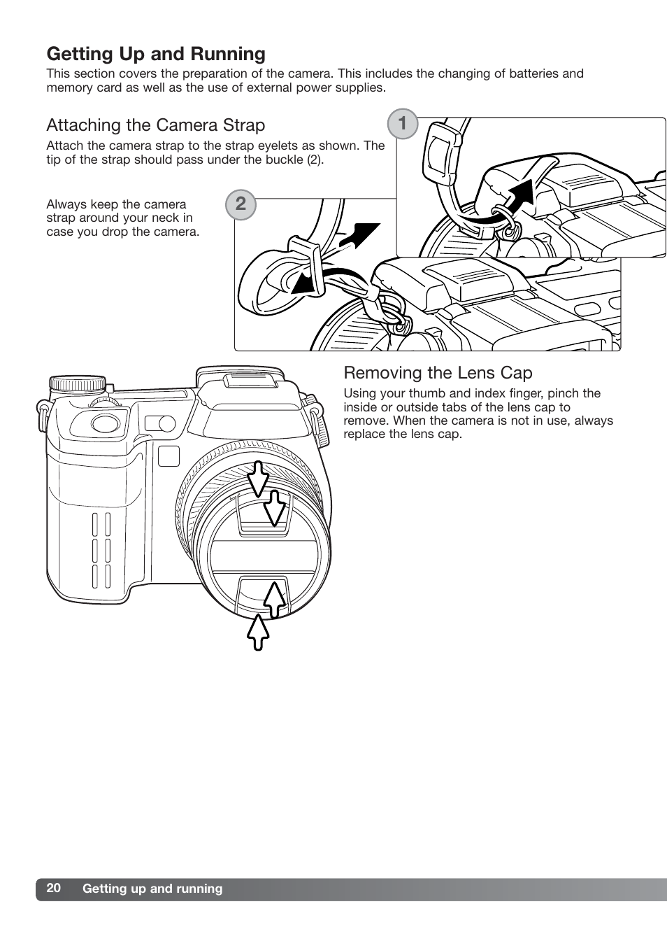 Getting up and running, Attaching the camera strap removing the lens cap | Konica Minolta DiMAGE_A2 User Manual | Page 20 / 180