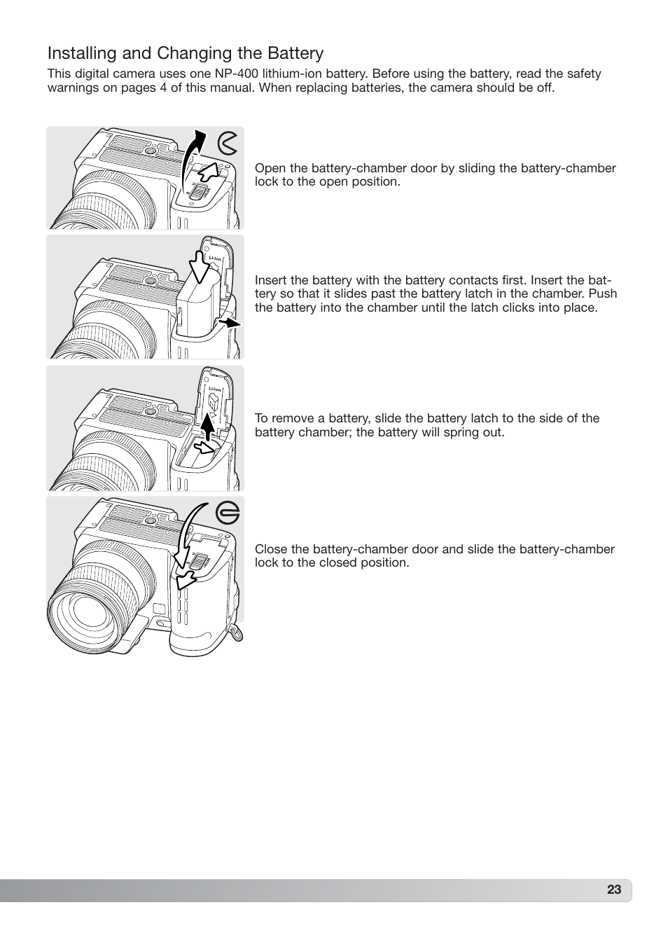 Installing and changing the battery | Konica Minolta DiMAGE_A2 User Manual | Page 23 / 180
