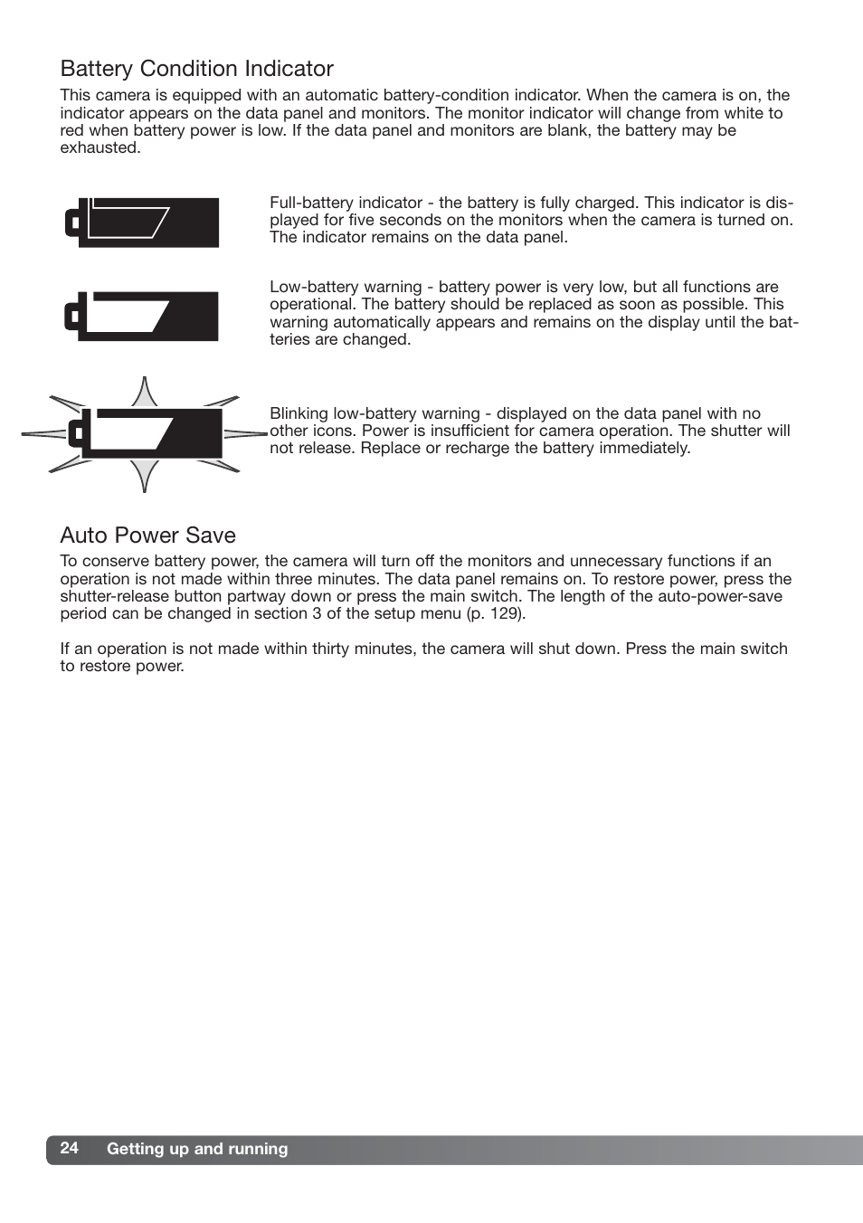 Battery condition indicator auto power save, Battery condition indicator, Auto power save | Konica Minolta DiMAGE_A2 User Manual | Page 24 / 180