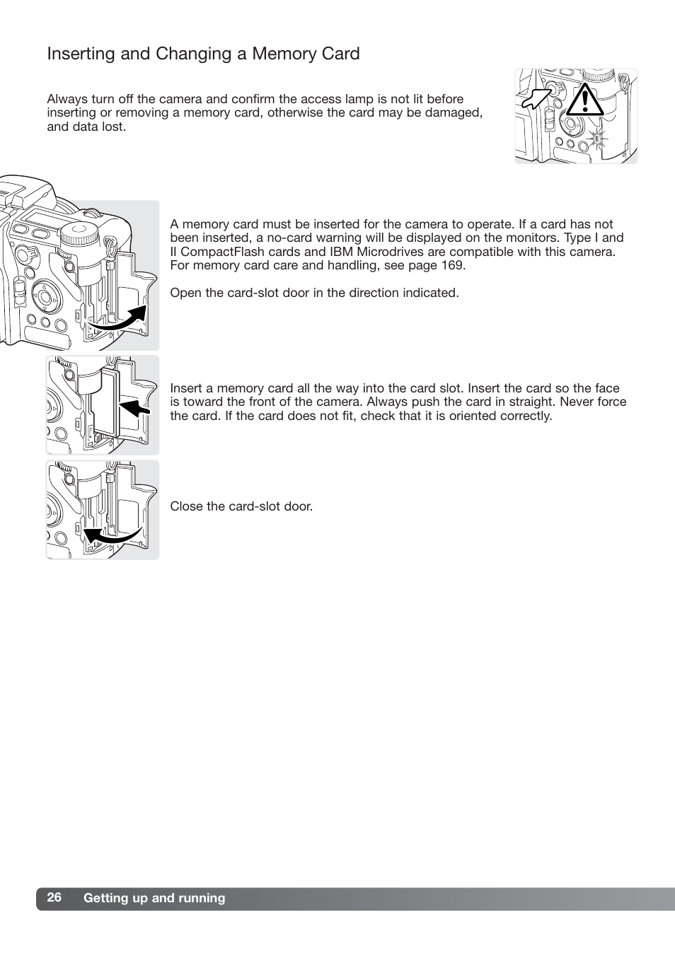 Inserting and changing a memory card | Konica Minolta DiMAGE_A2 User Manual | Page 26 / 180