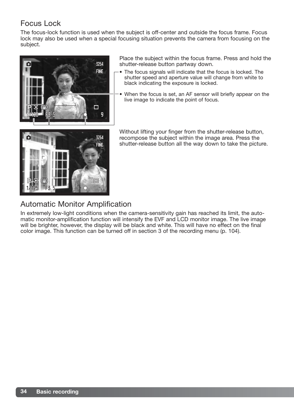 Focus lock automatic monitor amplification, Focus lock, Automatic monitor amplification | Konica Minolta DiMAGE_A2 User Manual | Page 34 / 180