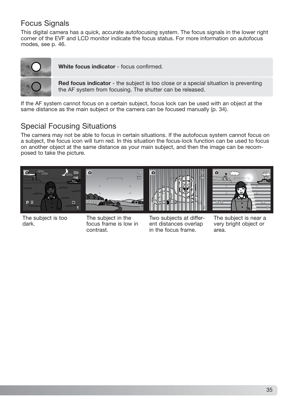 Focus signals special focusing situations | Konica Minolta DiMAGE_A2 User Manual | Page 35 / 180