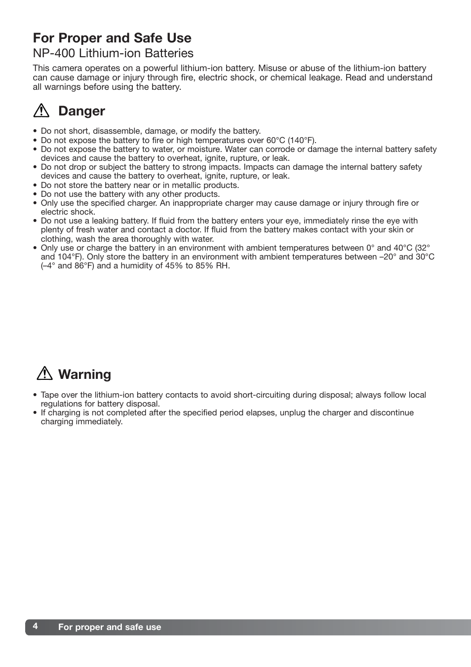 For proper and safe use, Danger, Warning | Np-400 lithium-ion batteries | Konica Minolta DiMAGE_A2 User Manual | Page 4 / 180