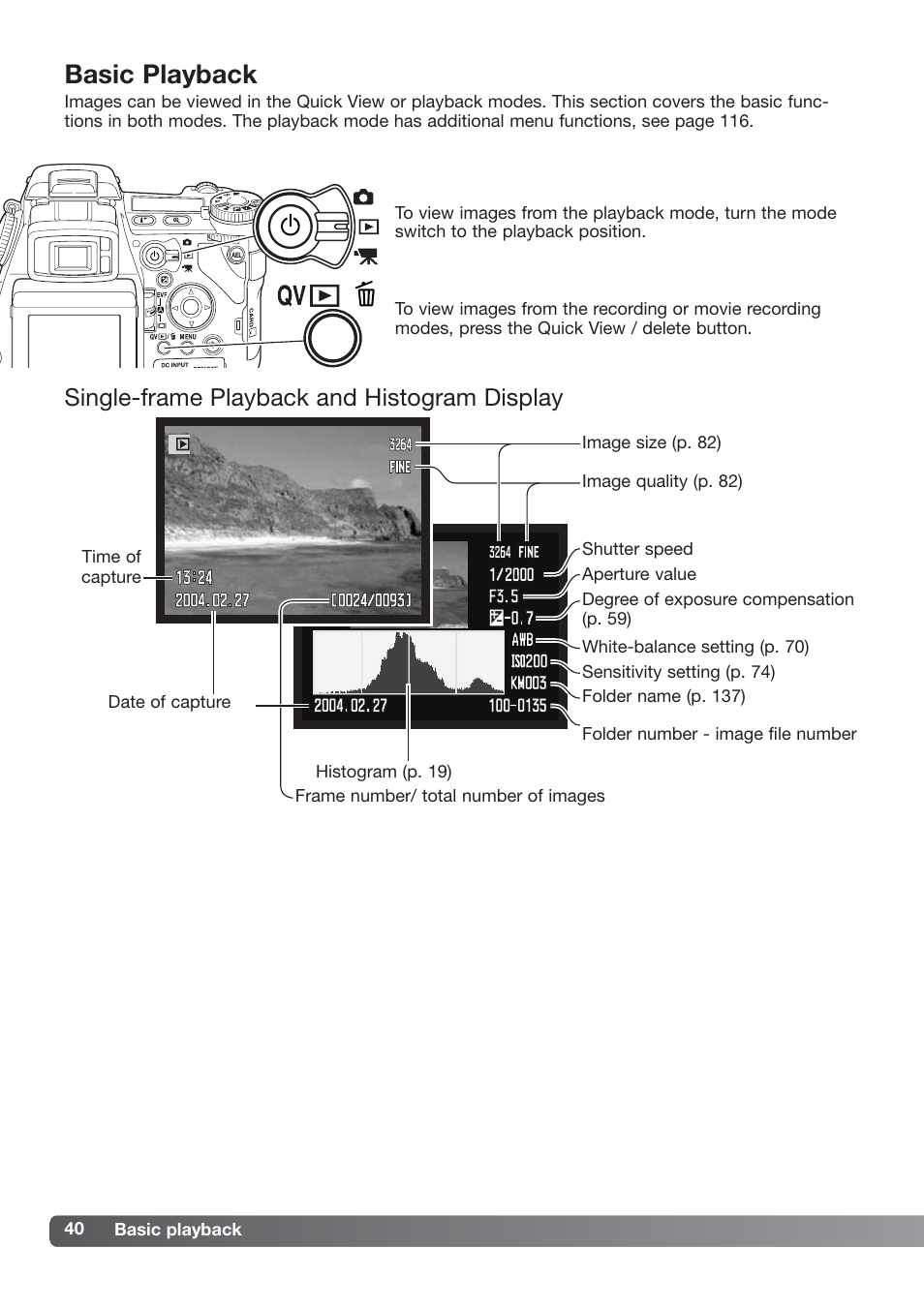 Basic playback, Single-frame playback and histogram display | Konica Minolta DiMAGE_A2 User Manual | Page 40 / 180