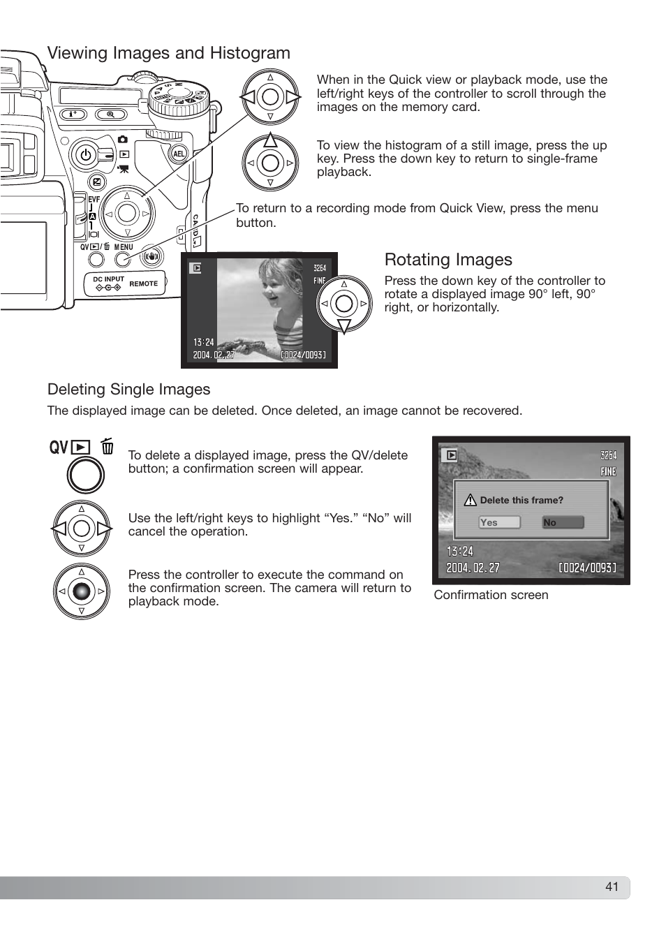 Viewing images and histogram, Rotating images, Deleting single images | Konica Minolta DiMAGE_A2 User Manual | Page 41 / 180