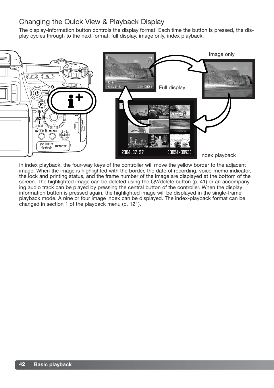 Changing the quick view & playback display | Konica Minolta DiMAGE_A2 User Manual | Page 42 / 180