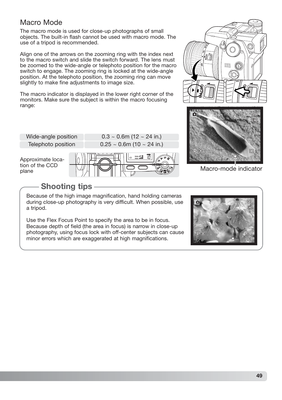 Macro mode, Shooting tips | Konica Minolta DiMAGE_A2 User Manual | Page 49 / 180
