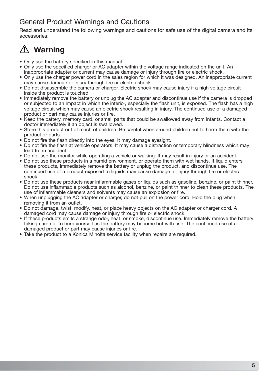 Warning, General product warnings and cautions | Konica Minolta DiMAGE_A2 User Manual | Page 5 / 180