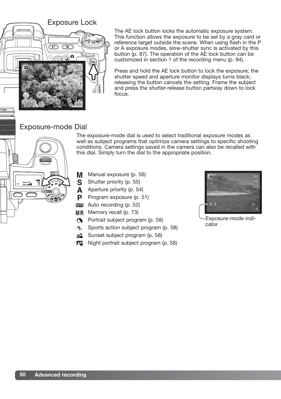 Exposure lock exposure-mode dial | Konica Minolta DiMAGE_A2 User Manual | Page 50 / 180