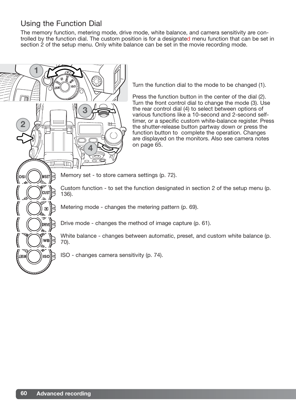 Using the function dial | Konica Minolta DiMAGE_A2 User Manual | Page 60 / 180
