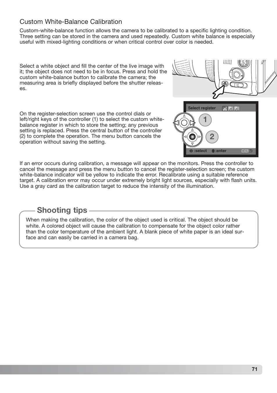 Custom white balance calibration, Shooting tips | Konica Minolta DiMAGE_A2 User Manual | Page 71 / 180
