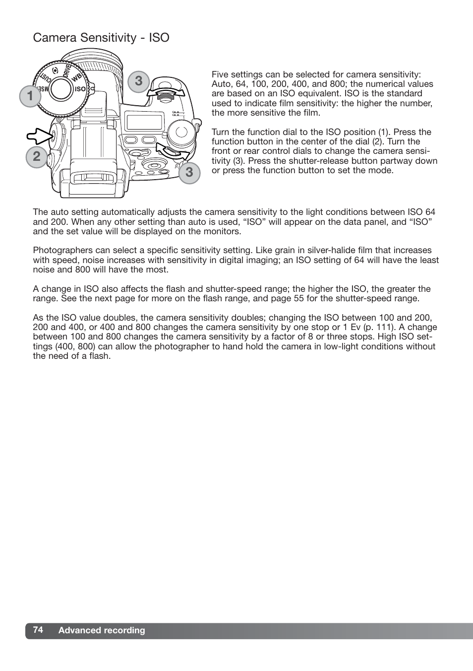 Camera sensitivity - iso | Konica Minolta DiMAGE_A2 User Manual | Page 74 / 180
