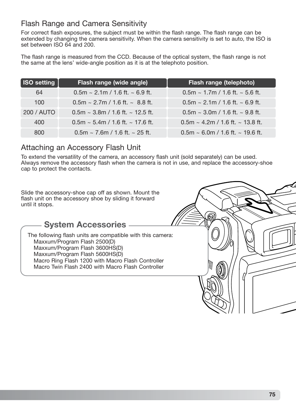 System accessories, Flash range and camera sensitivity, Attaching an accessory flash unit | Konica Minolta DiMAGE_A2 User Manual | Page 75 / 180