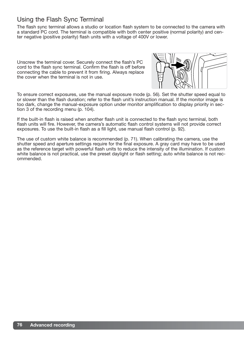 Using the flash sync terminal | Konica Minolta DiMAGE_A2 User Manual | Page 76 / 180