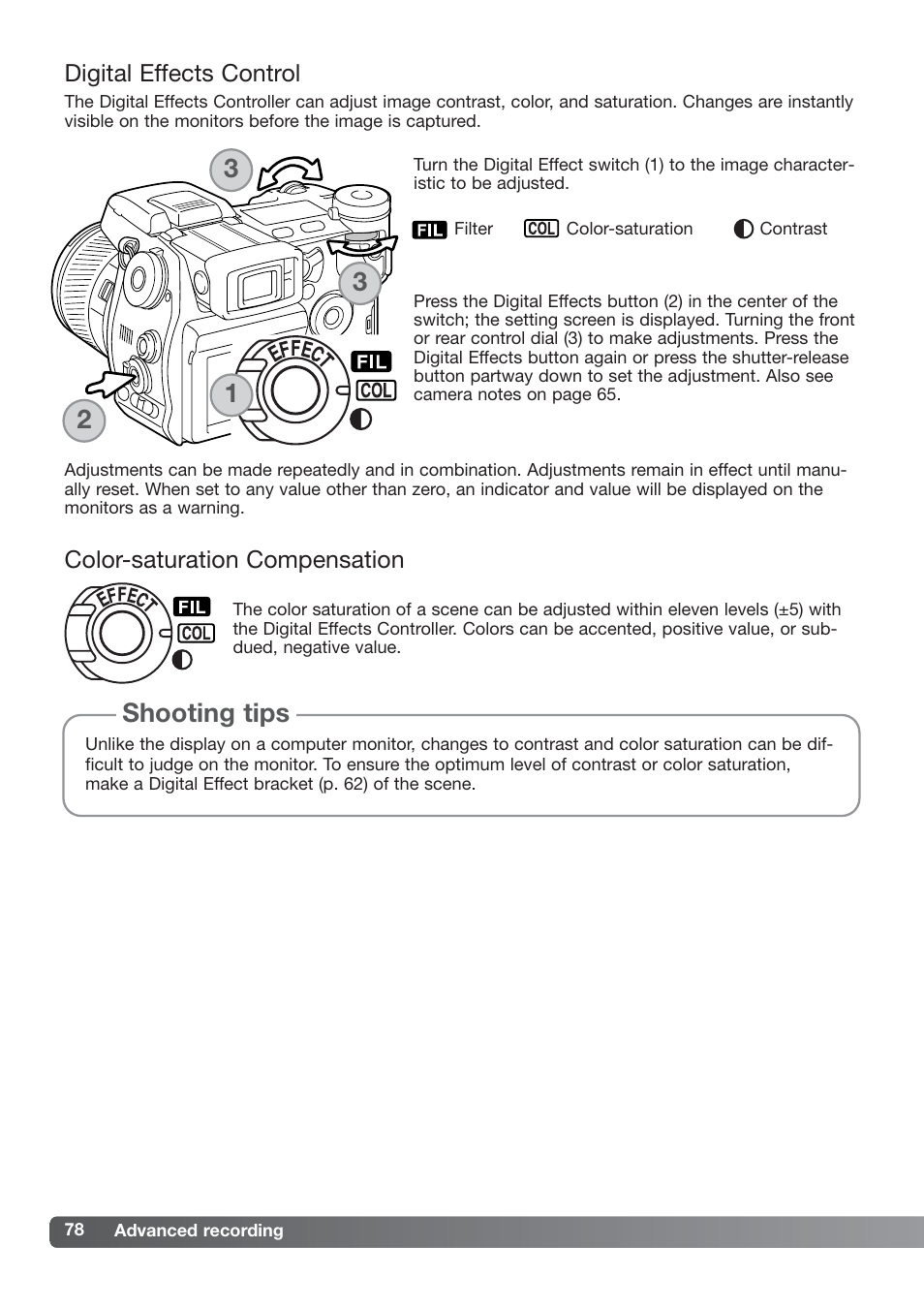 Digital effects control, Color-saturation compensation, Shooting tips 2 3 3 1 | Konica Minolta DiMAGE_A2 User Manual | Page 78 / 180