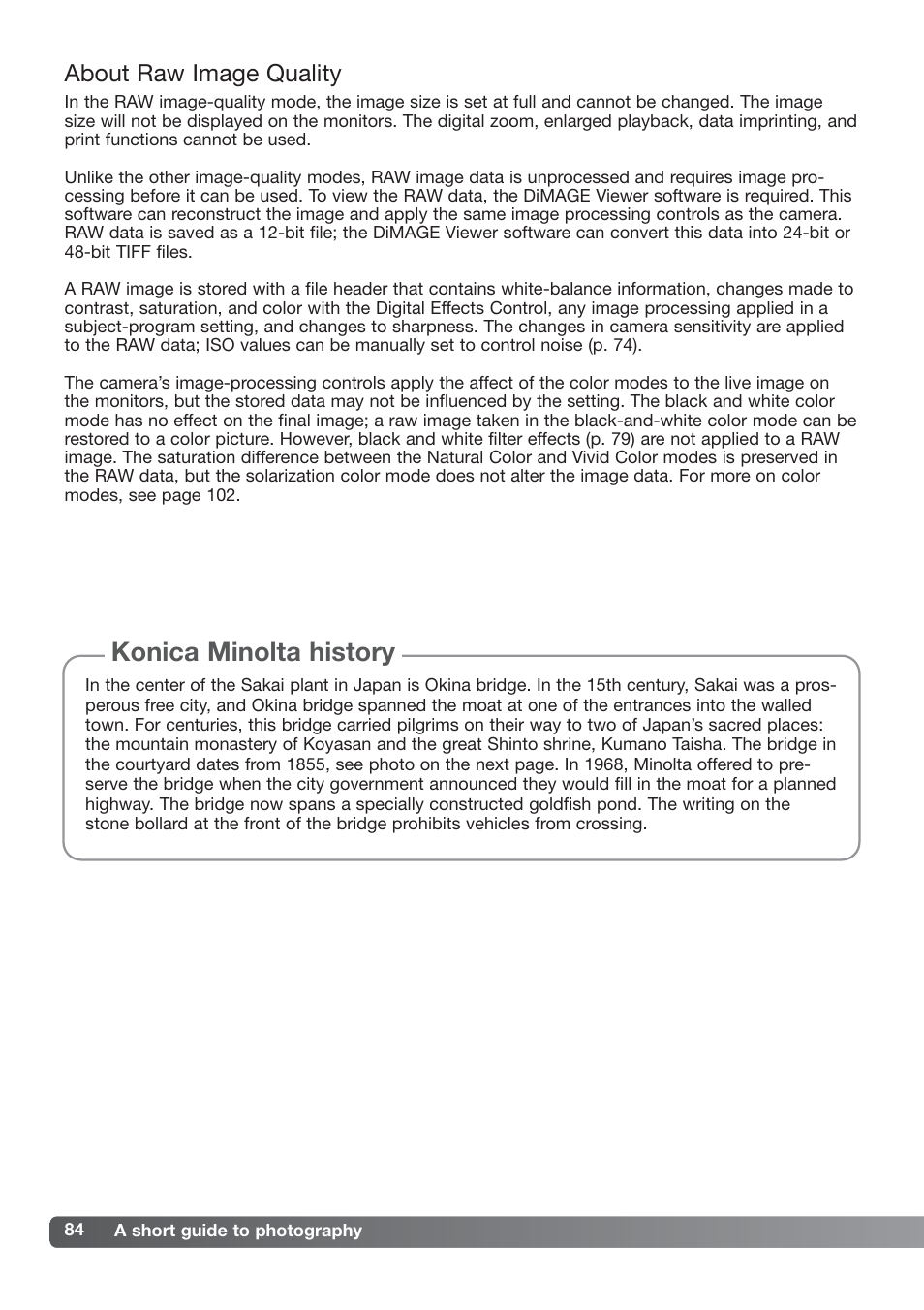 About raw image quality, Konica minolta history | Konica Minolta DiMAGE_A2 User Manual | Page 84 / 180