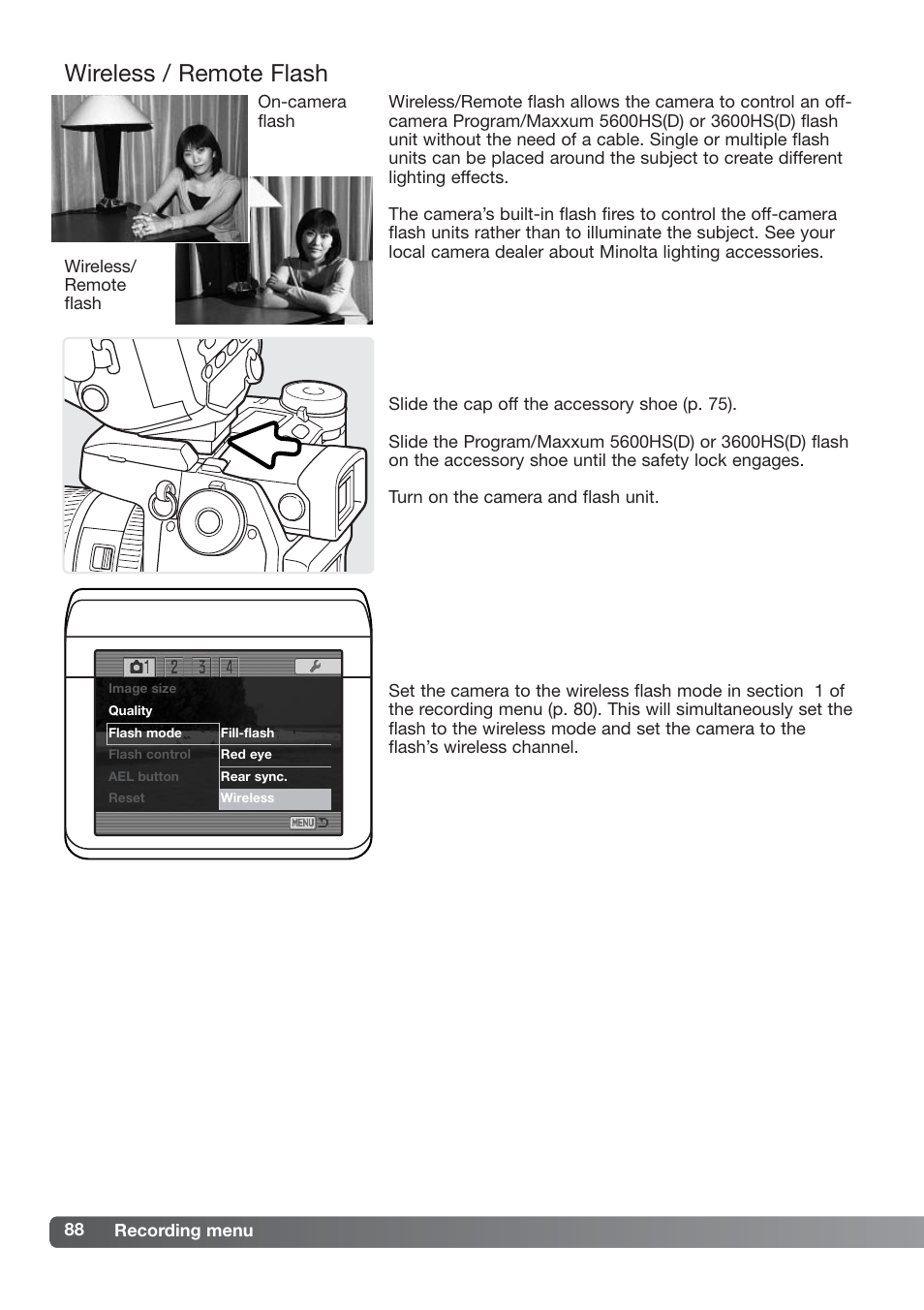 Wireless/remote flash, Wireless / remote flash | Konica Minolta DiMAGE_A2 User Manual | Page 88 / 180