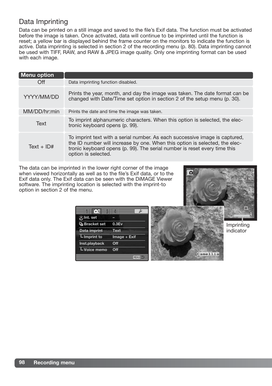 Data imprinting | Konica Minolta DiMAGE_A2 User Manual | Page 98 / 180
