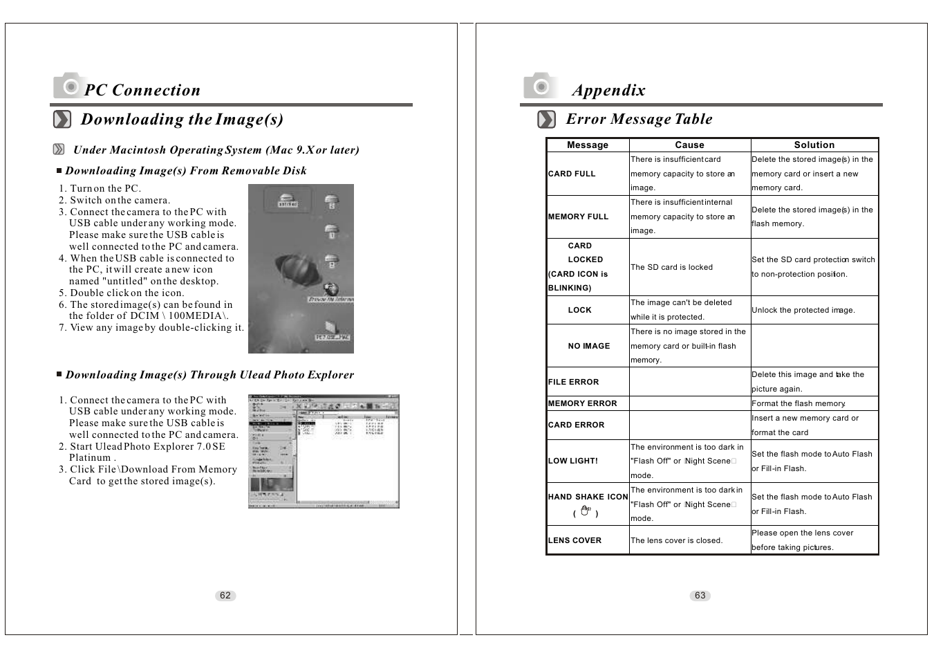 Pc connection downloading the image(s) appendix, Error message table | Konica Minolta KD-30M User Manual | Page 32 / 35