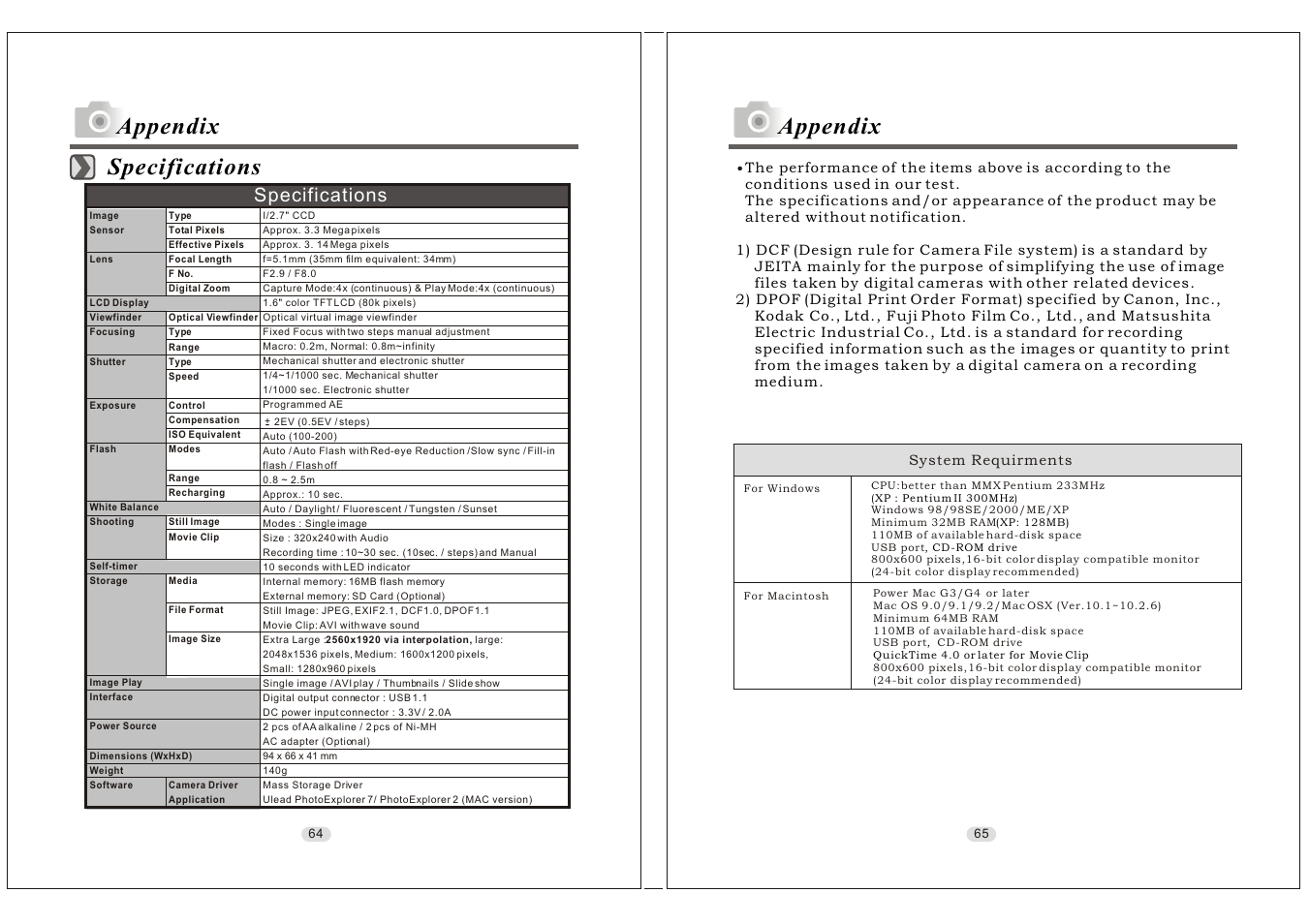 Appendix, Specifications | Konica Minolta KD-30M User Manual | Page 33 / 35