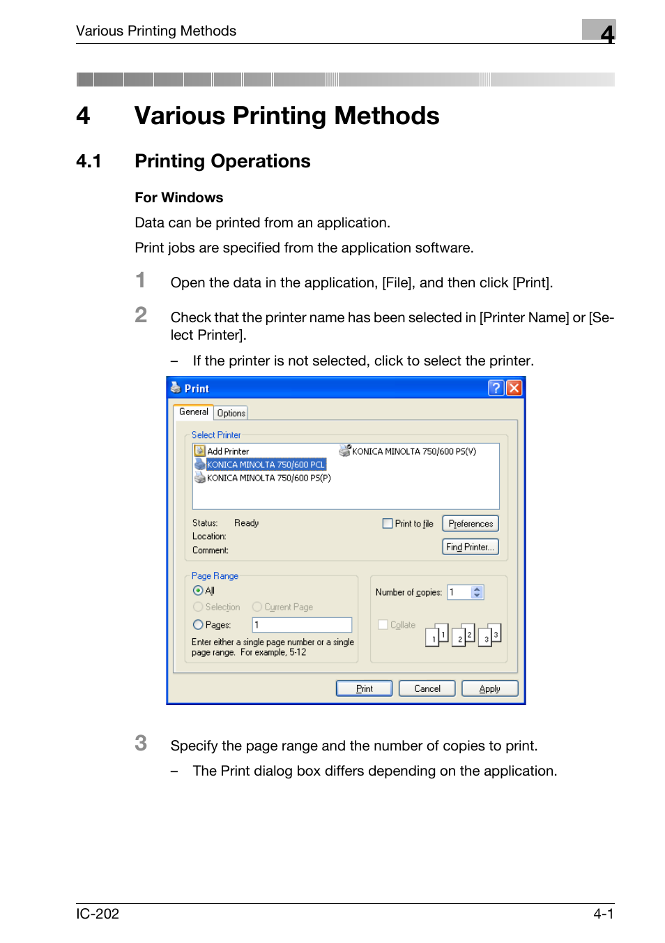 4 various printing methods, 1 printing operations, Various printing methods | Printing operations -1, For windows -1, 4various printing methods | Konica Minolta IC-202 User Manual | Page 102 / 134