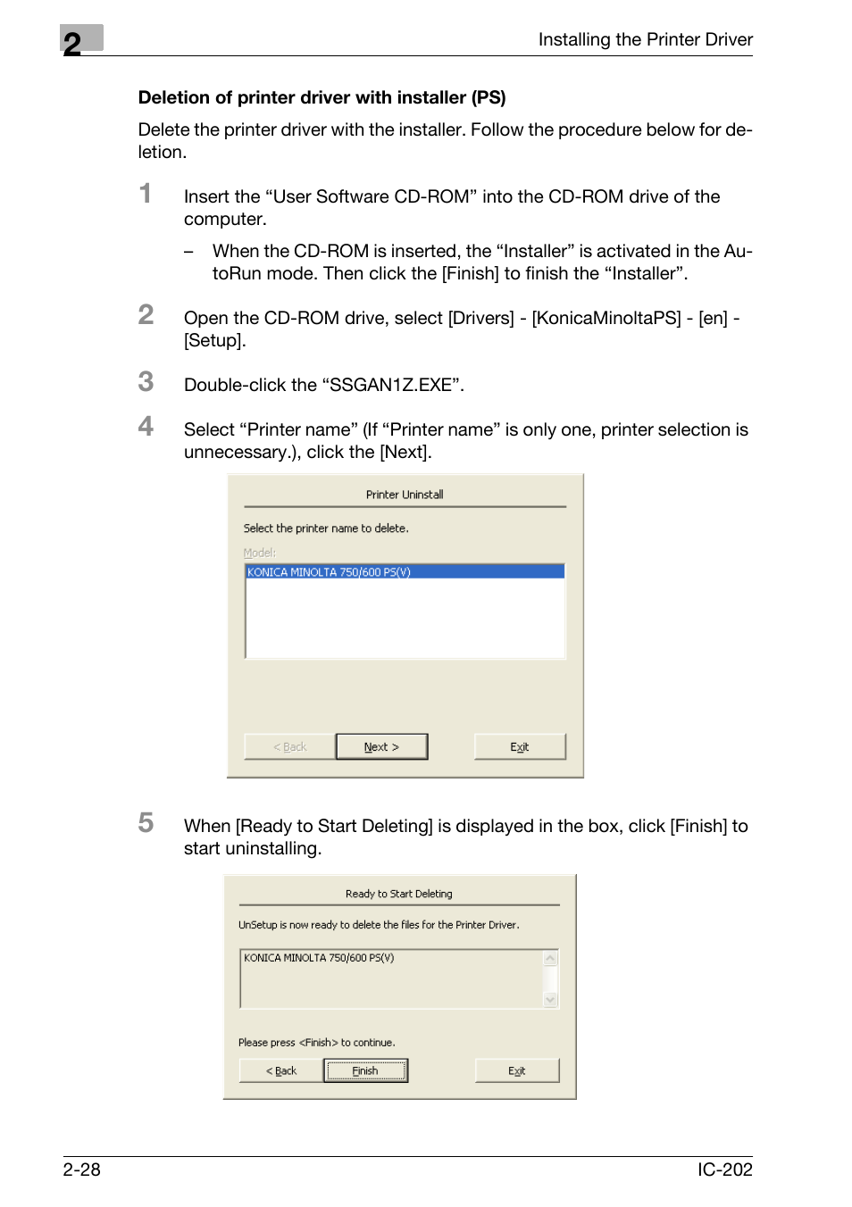 Deletion of printer driver with installer (ps) -28 | Konica Minolta IC-202 User Manual | Page 57 / 134
